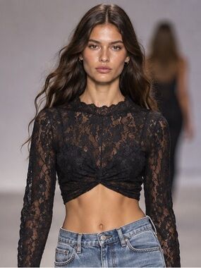 Divided Long Sleeve Lace Gathered Front Crop Top